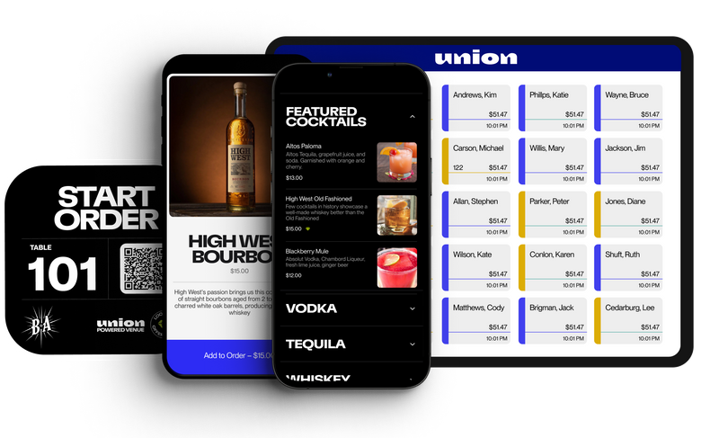 Union mobile ordering and point-of-sale interfaces shown on handheld, phone and tablet screens